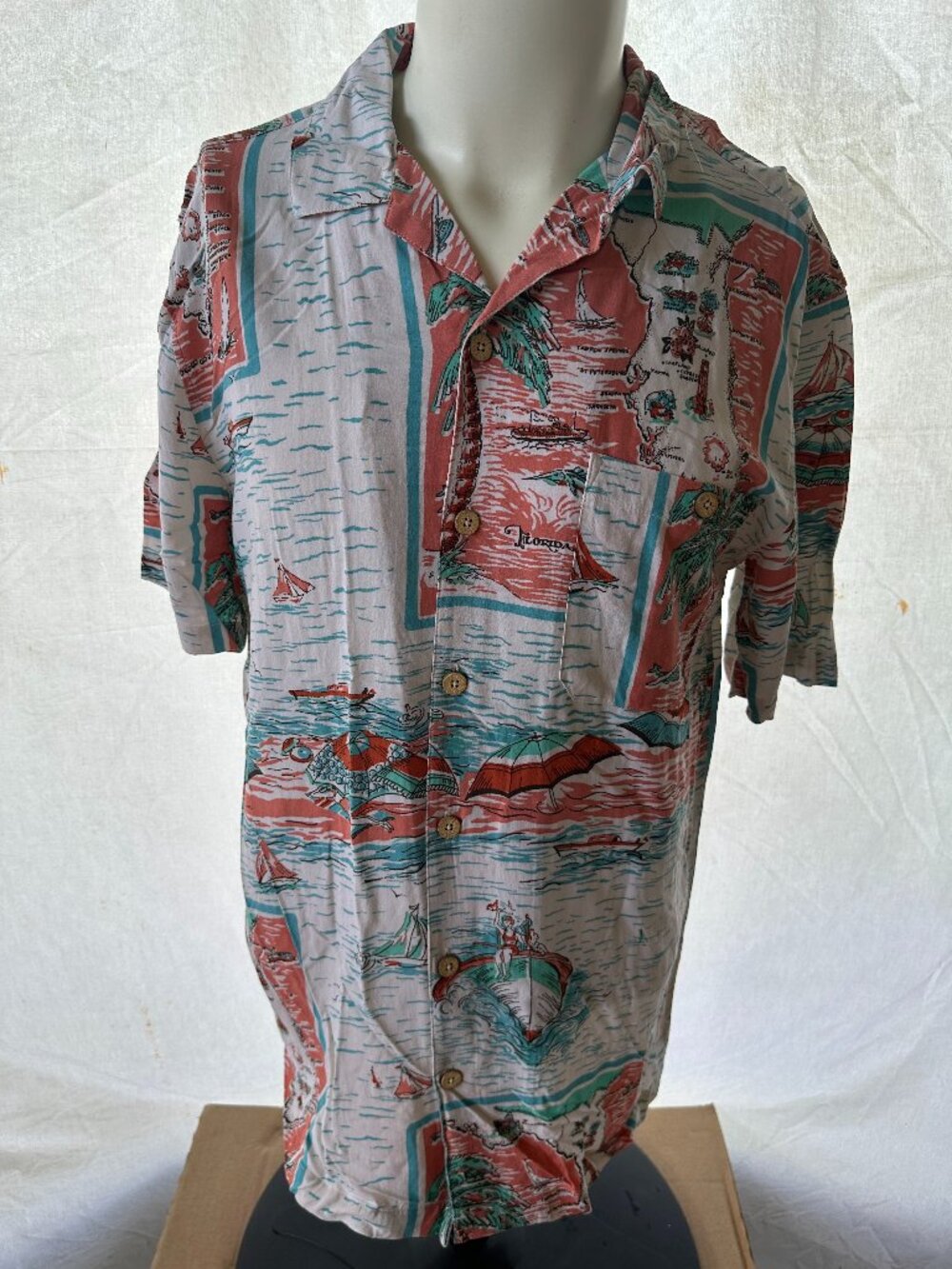 NWT Boca Classics Men's Orange White Florida Pattern SS Button Front Shirt Large